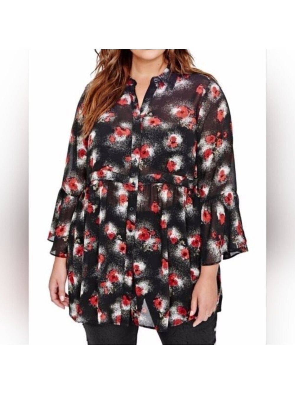 16 • Love & Legend • Black and Red Floral Poppy Clad Button Front Sheer Blouse